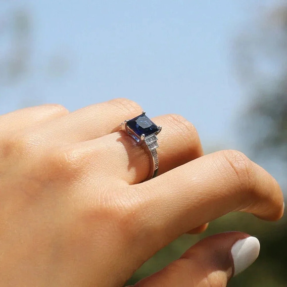 Sterling Silver Diamond Sapphire Princess Cut Ring - Picture 6 of 7